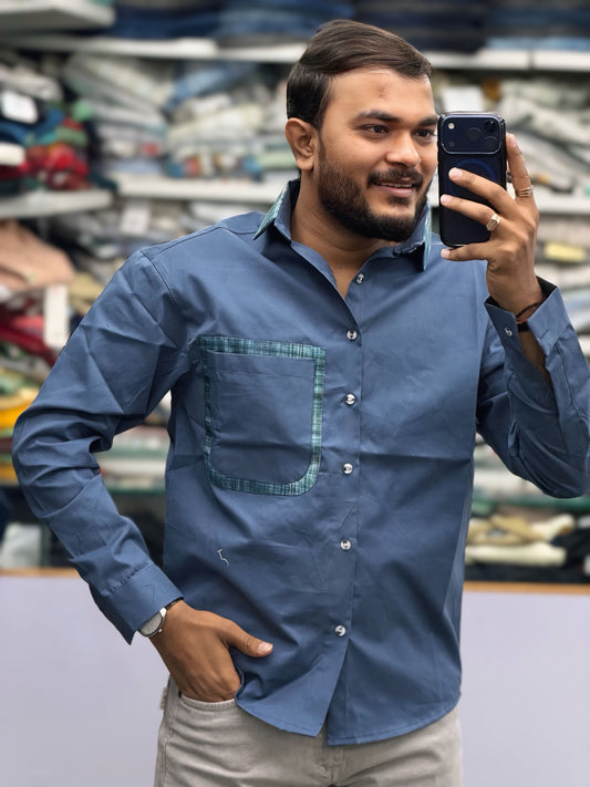 Men’s Steel Blue Cotton Shirt with Contrast Designer Pocket