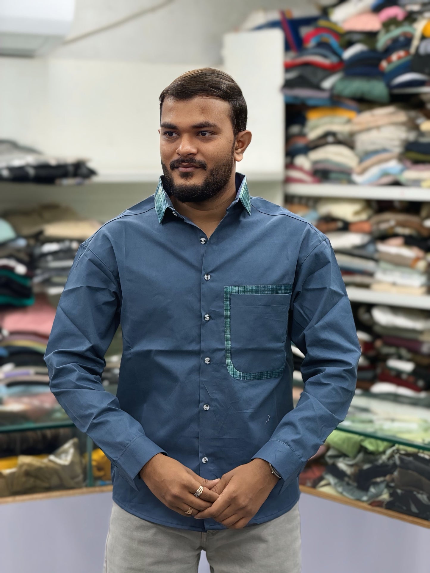 Men’s Steel Blue Cotton Shirt with Contrast Designer Pocket