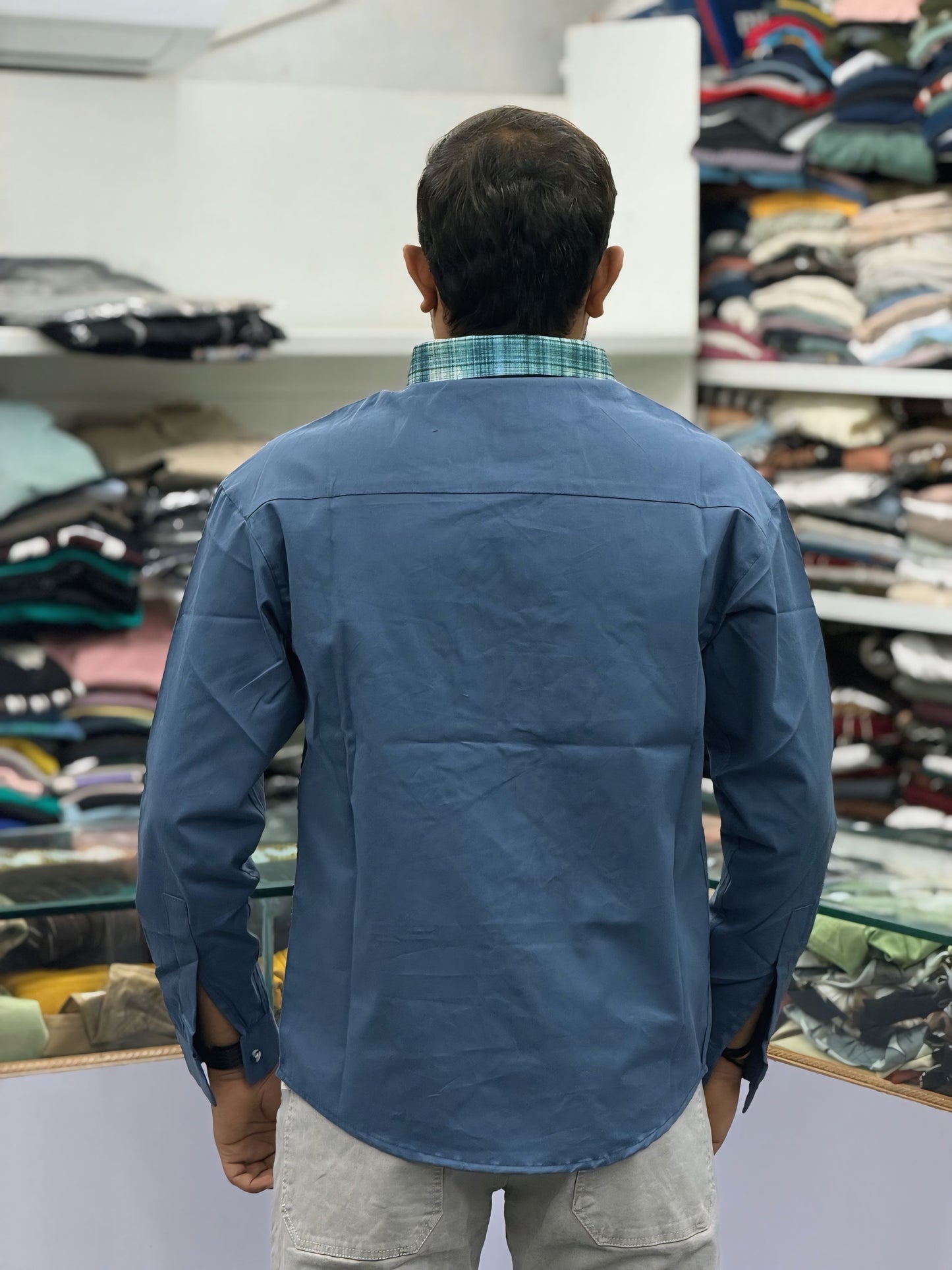 Men’s Steel Blue Cotton Shirt with Contrast Designer Pocket