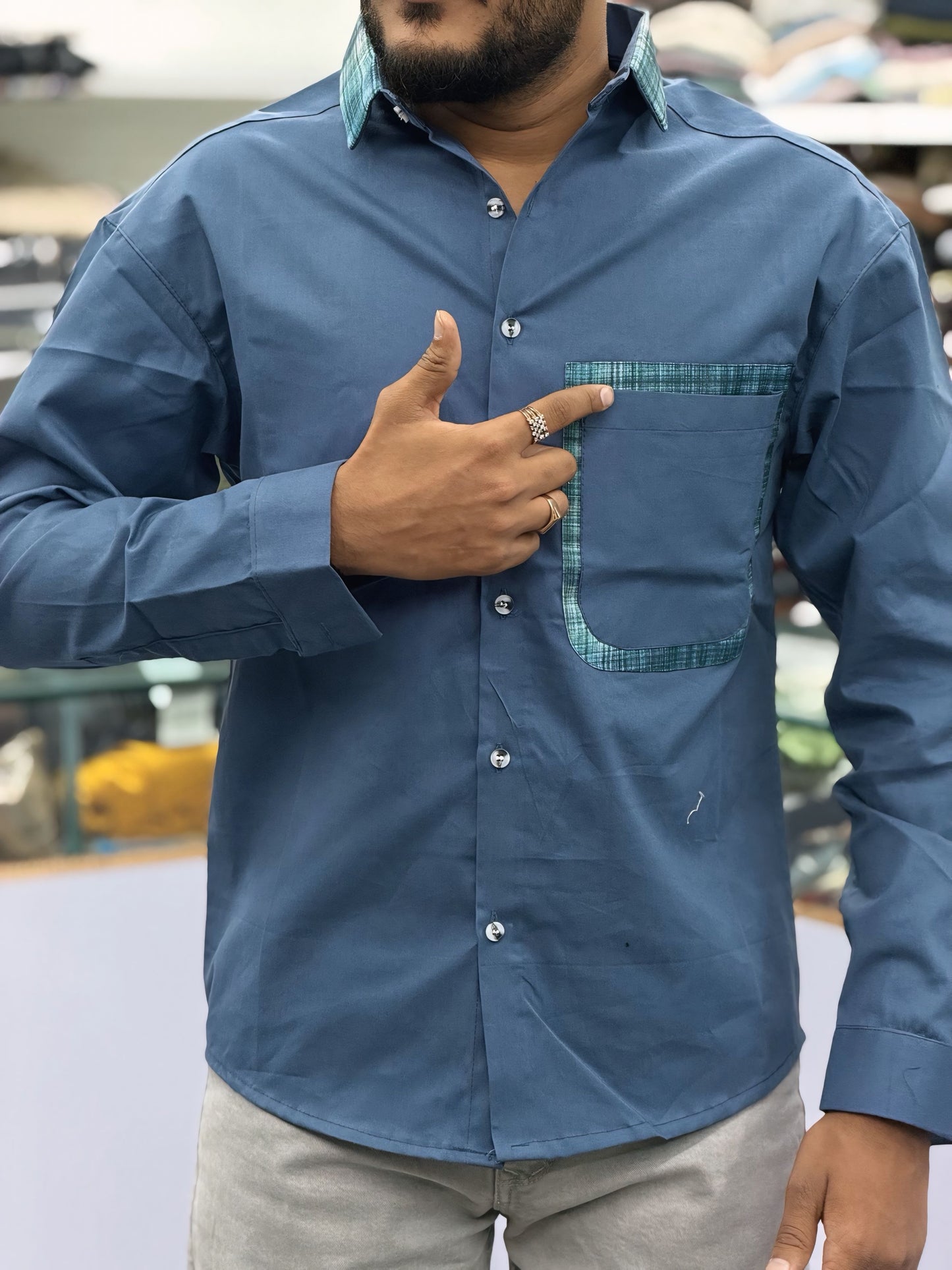 Men’s Steel Blue Cotton Shirt with Contrast Designer Pocket