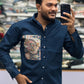 Men’s Navy Blue Cotton Shirt with Paisley Print Pocket