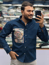 Men’s Navy Blue Cotton Shirt with Paisley Print Pocket