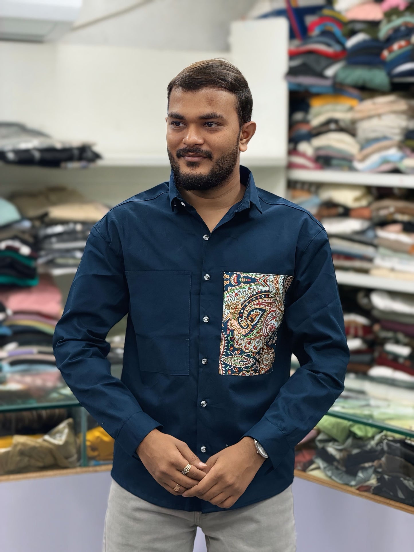 Men’s Navy Blue Cotton Shirt with Paisley Print Pocket