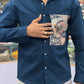 Men’s Navy Blue Cotton Shirt with Paisley Print Pocket