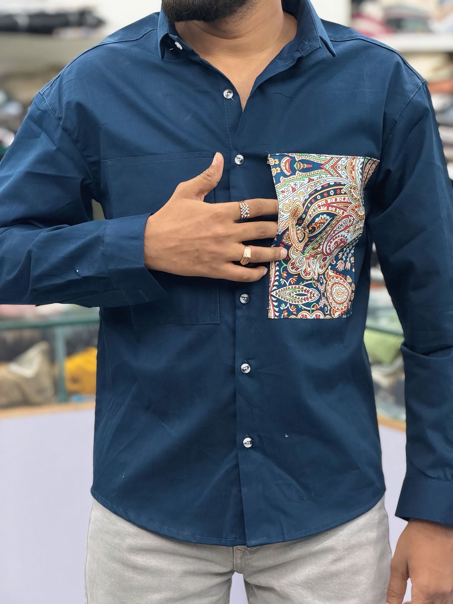 Men’s Navy Blue Cotton Shirt with Paisley Print Pocket