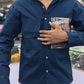 Men’s Navy Blue Cotton Shirt with Paisley Print Pocket