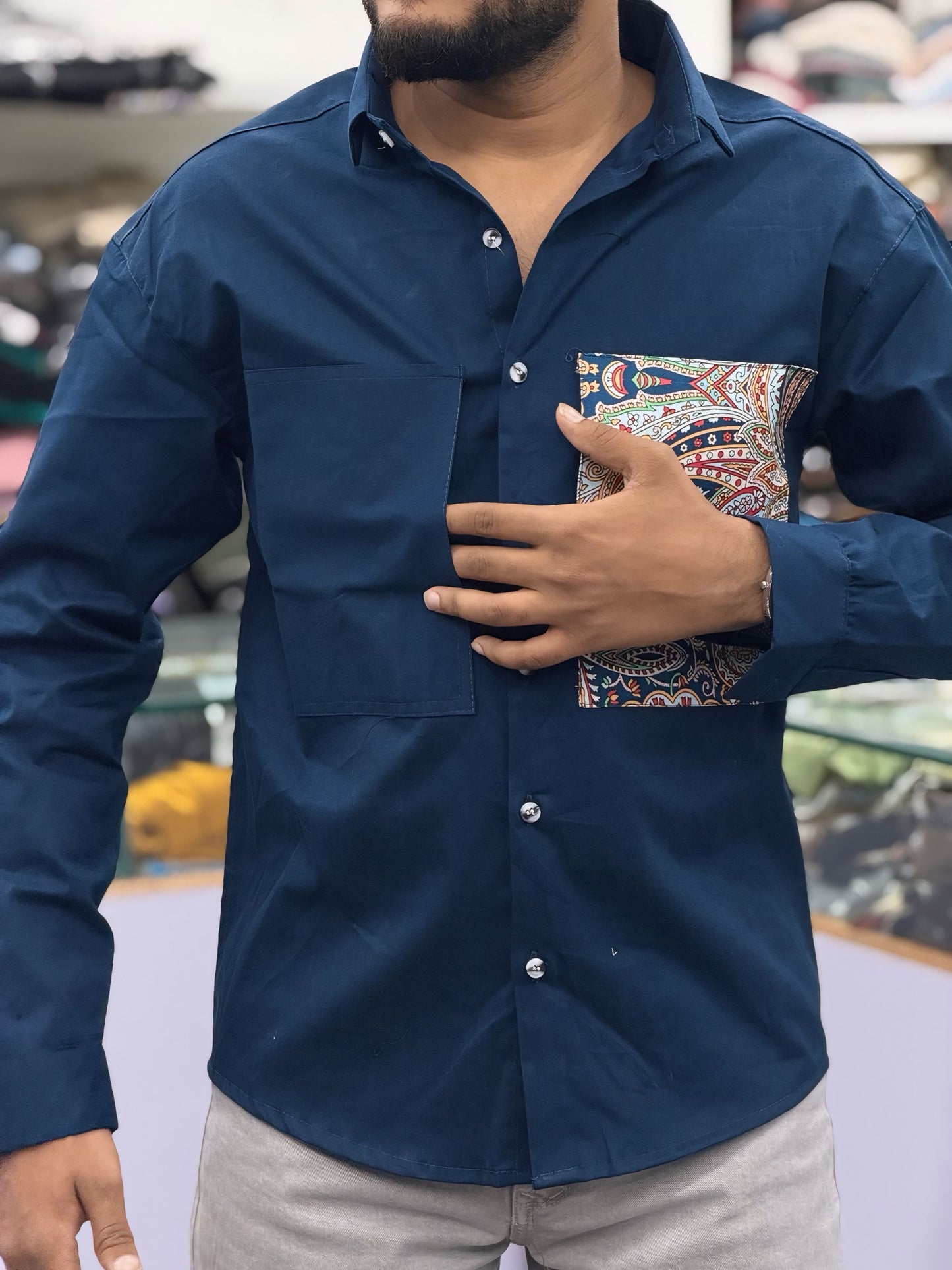 Men’s Navy Blue Cotton Shirt with Paisley Print Pocket