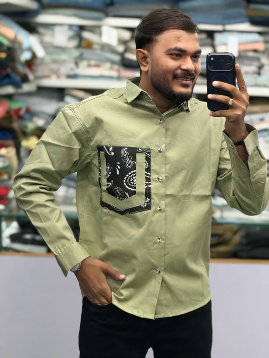 Men’s Olive Green Casual Cotton Shirt with Printed Designer Pocket – Trendy Stylish Smart Casual Shirt