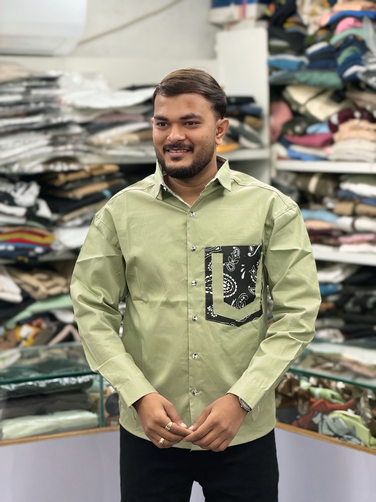Men’s Olive Green Casual Cotton Shirt with Printed Designer Pocket – Trendy Stylish Smart Casual Shirt