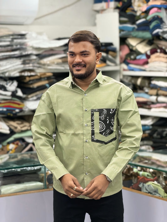 Men’s Olive Green Casual Cotton Shirt with Printed Designer Pocket – Trendy Stylish Smart Casual Shirt