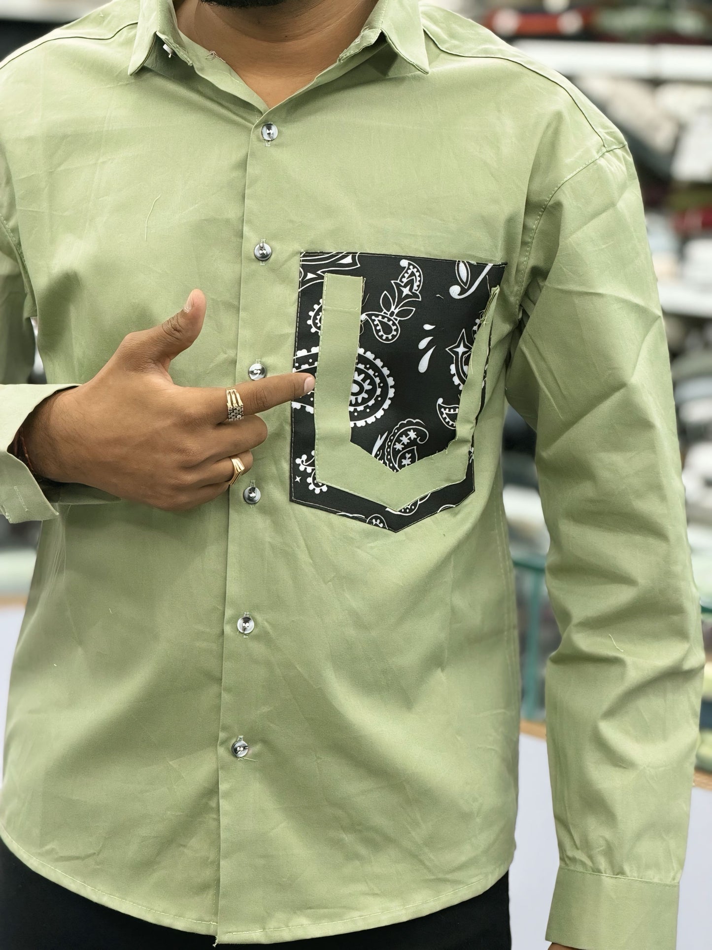 Men’s Olive Green Casual Cotton Shirt with Printed Designer Pocket – Trendy Stylish Smart Casual Shirt