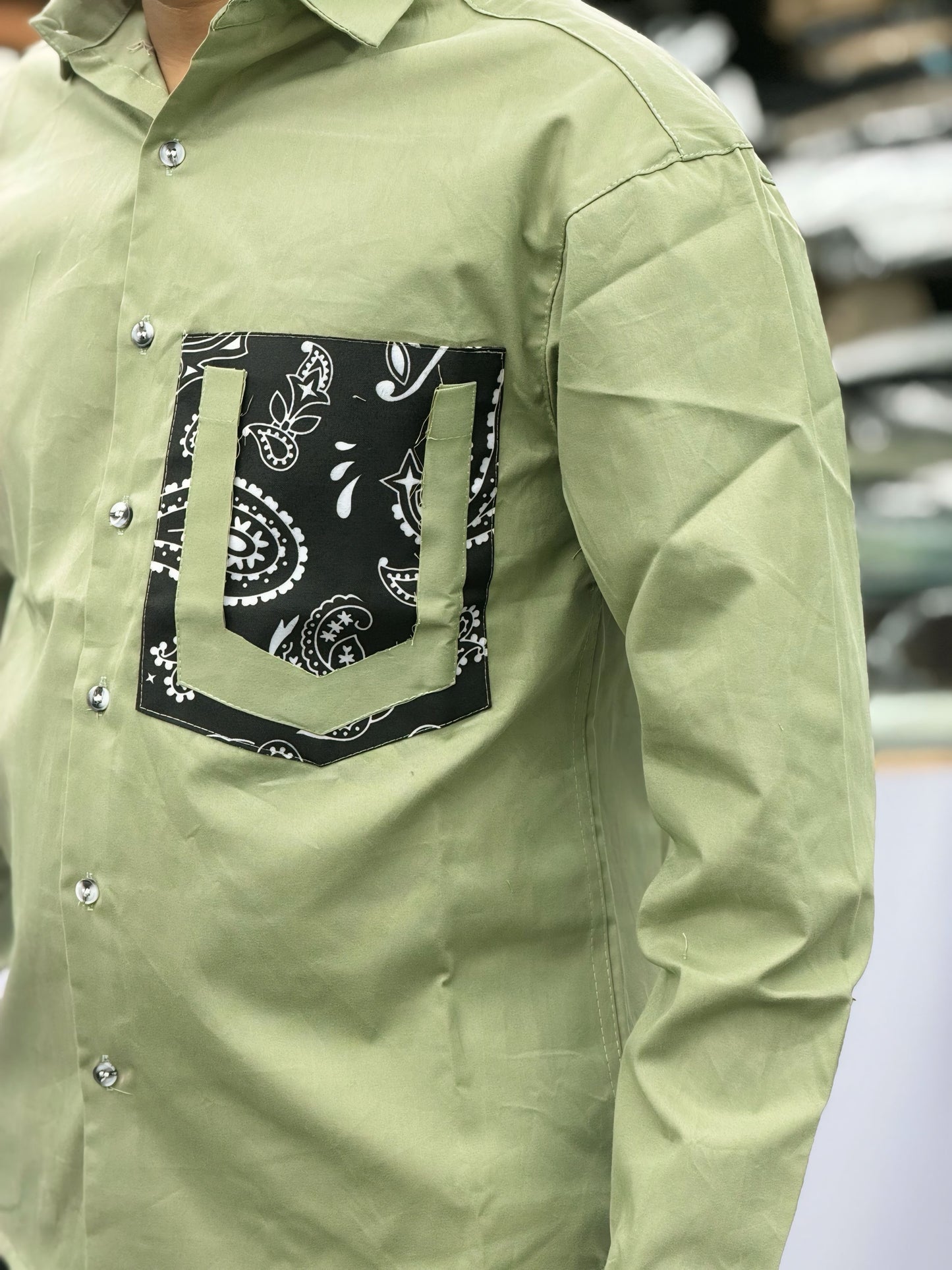 Men’s Olive Green Casual Cotton Shirt with Printed Designer Pocket – Trendy Stylish Smart Casual Shirt