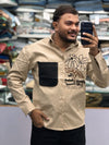 Men’s Beige Casual Cotton Shirt with Black Contrast Pocket & Floral Graphic Print – Stylish Designer Shirt