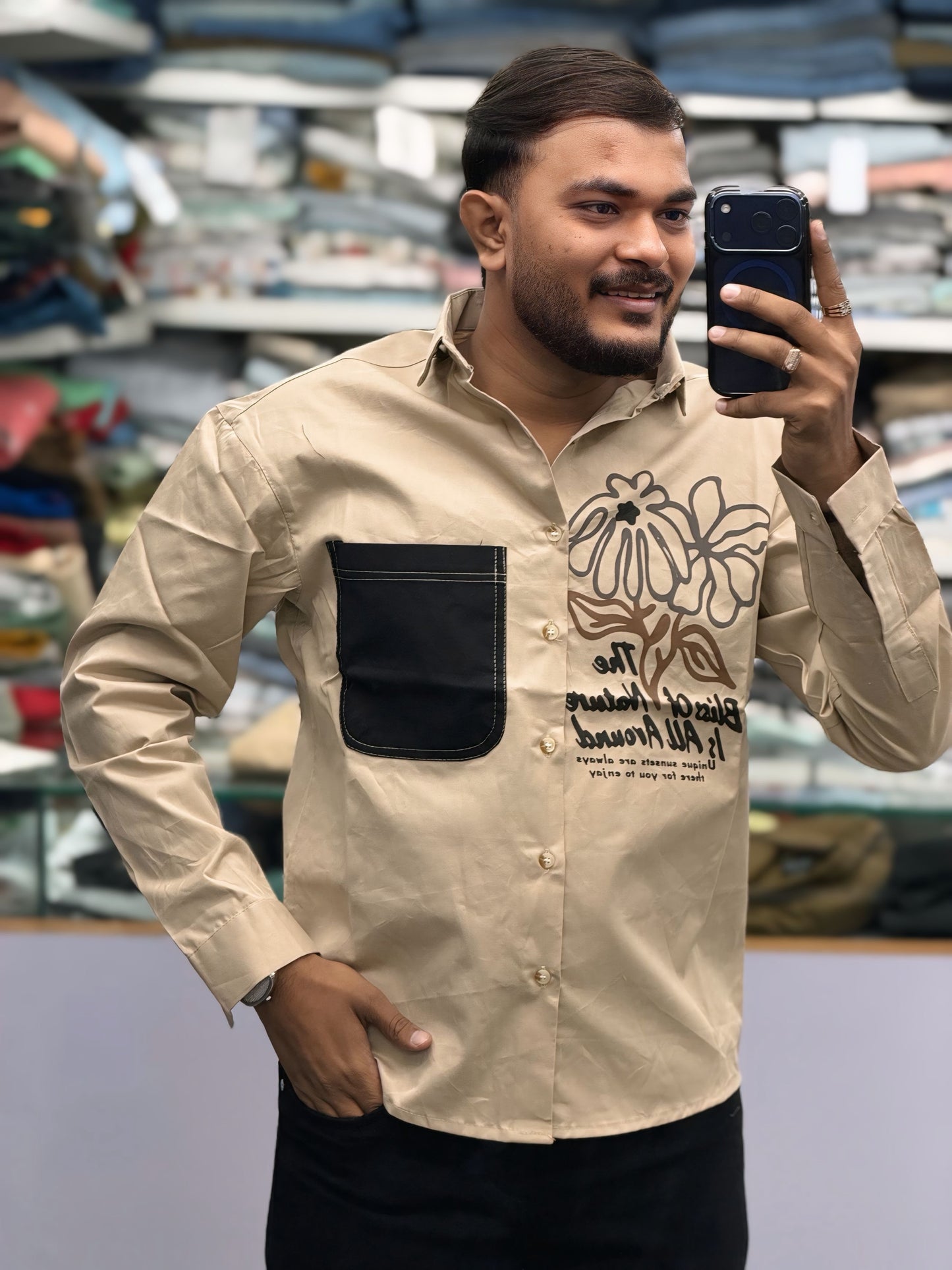 Men’s Beige Casual Cotton Shirt with Black Contrast Pocket & Floral Graphic Print – Stylish Designer Shirt