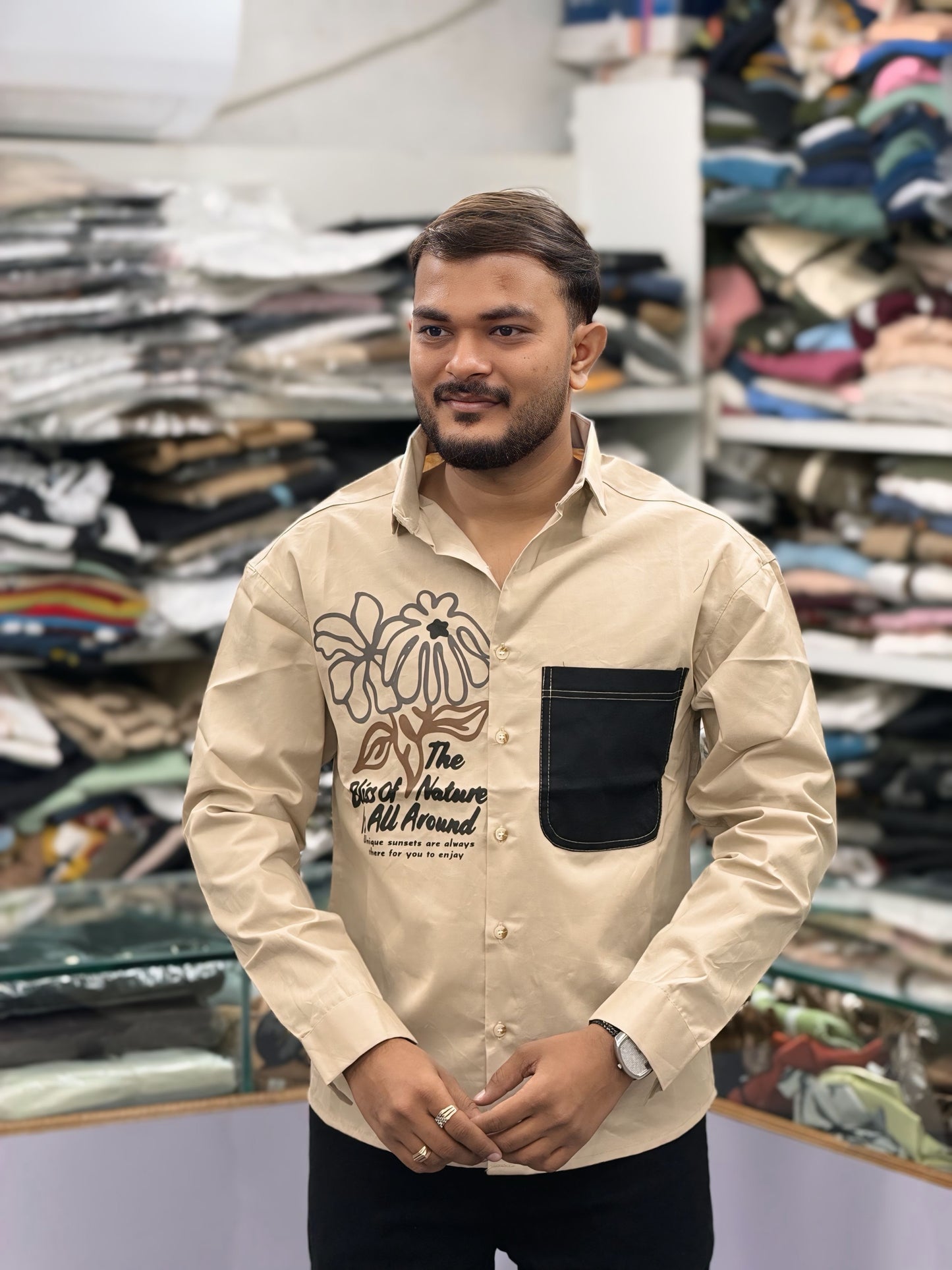Men’s Beige Casual Cotton Shirt with Black Contrast Pocket & Floral Graphic Print – Stylish Designer Shirt