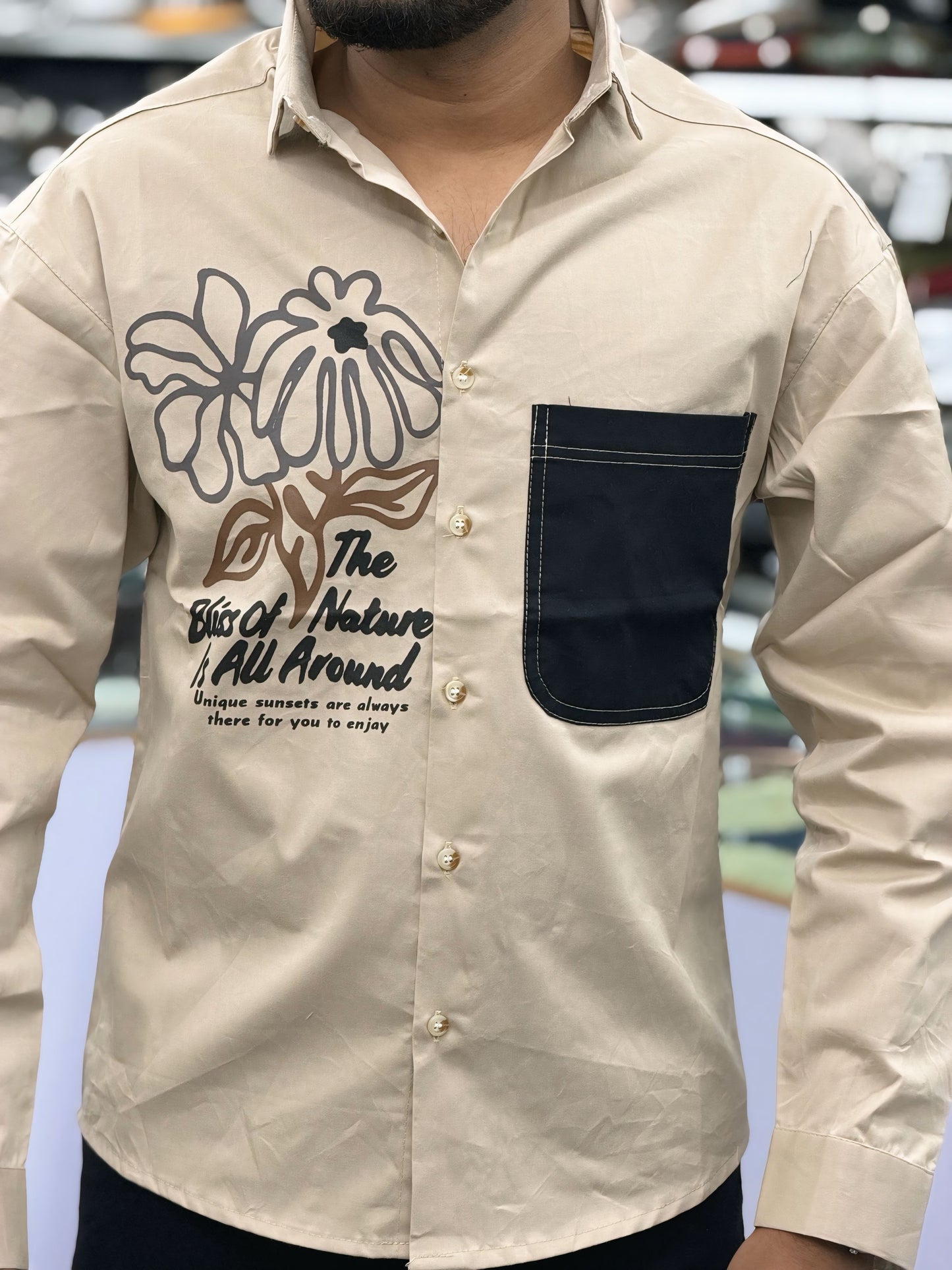 Men’s Beige Casual Cotton Shirt with Black Contrast Pocket & Floral Graphic Print – Stylish Designer Shirt