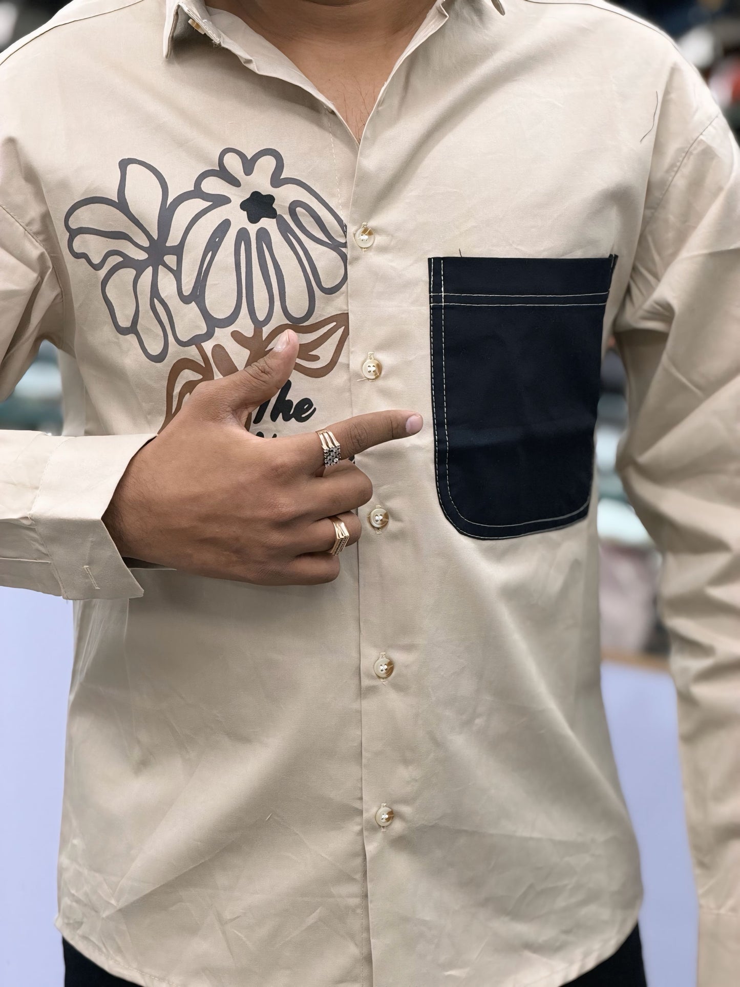 Men’s Beige Casual Cotton Shirt with Black Contrast Pocket & Floral Graphic Print – Stylish Designer Shirt