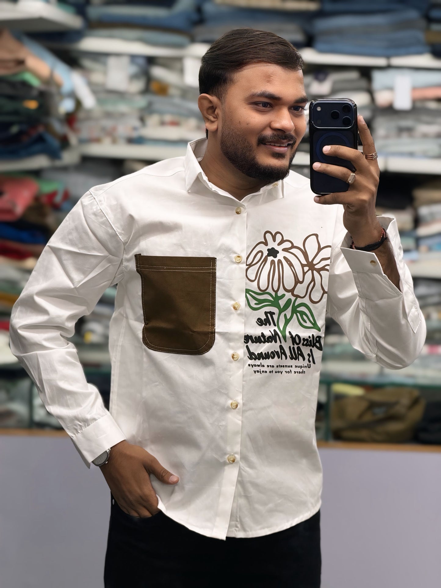 Men’s White Casual Cotton Shirt with Brown Contrast Pocket & Floral Graphic Print – Premium Stylish Designer Shirt