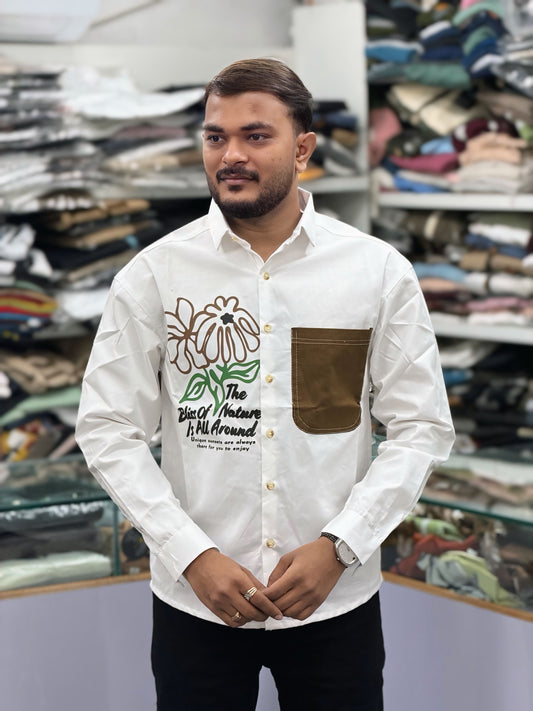 Men’s White Casual Cotton Shirt with Brown Contrast Pocket & Floral Graphic Print – Premium Stylish Designer Shirt