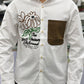 Men’s White Casual Cotton Shirt with Brown Contrast Pocket & Floral Graphic Print – Premium Stylish Designer Shirt