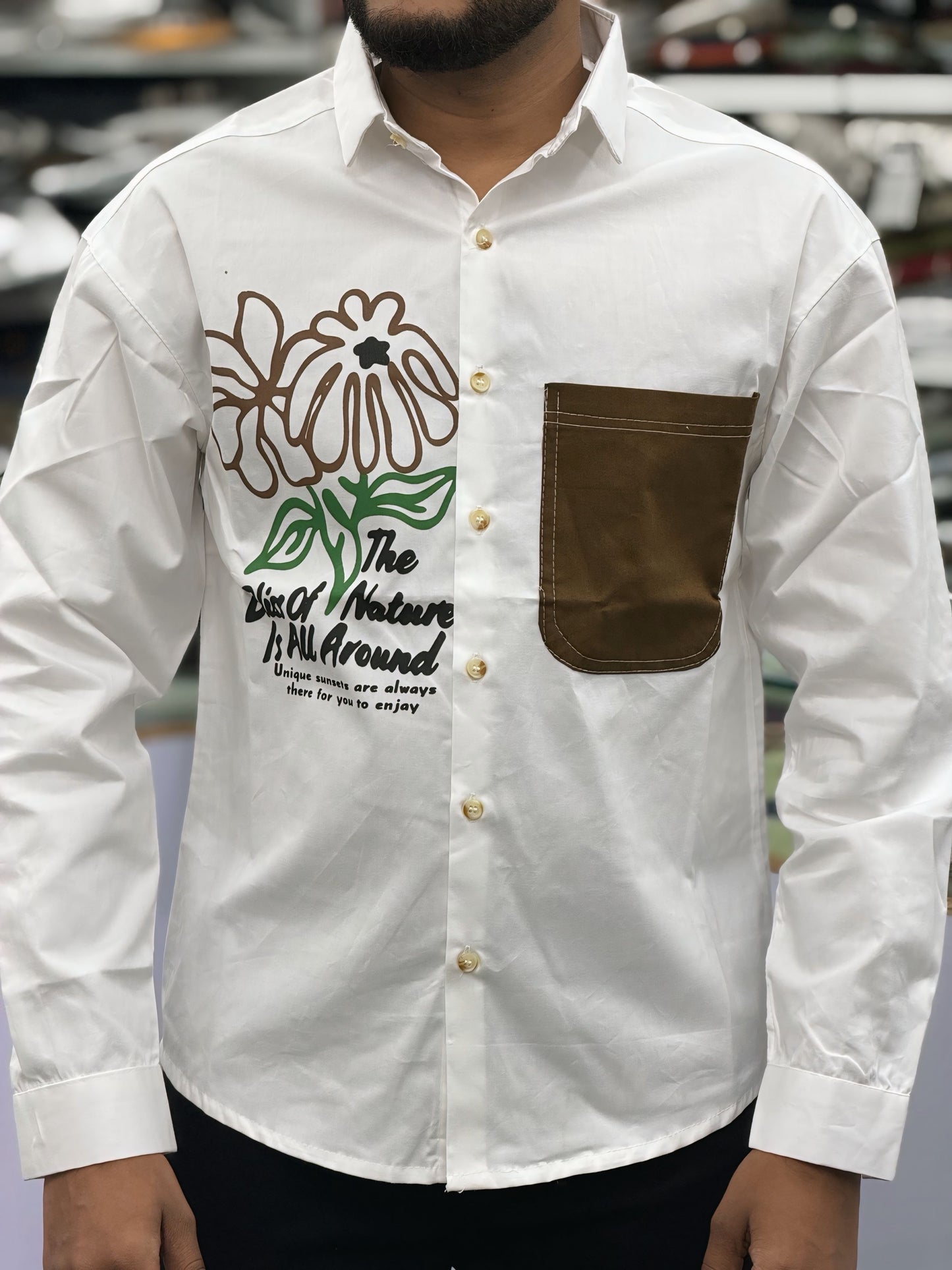 Men’s White Casual Cotton Shirt with Brown Contrast Pocket & Floral Graphic Print – Premium Stylish Designer Shirt