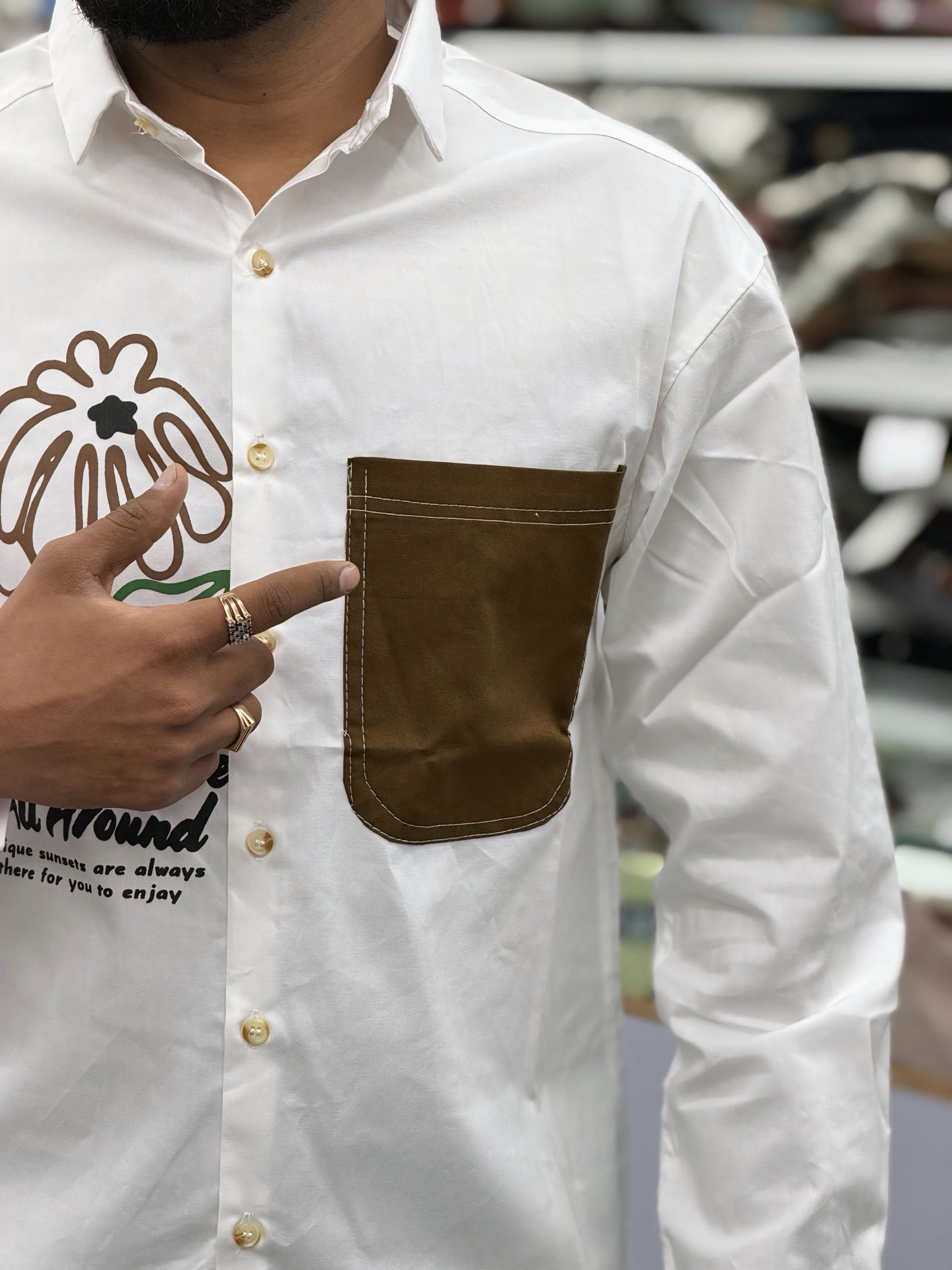 Men’s White Casual Cotton Shirt with Brown Contrast Pocket & Floral Graphic Print – Premium Stylish Designer Shirt