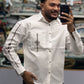 Men’s White Cotton Shirt with Black Embroidery Sleeve & Pocket Design – Premium Stylish Casual Shirt for Men