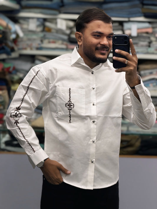 Men’s White Cotton Shirt with Black Embroidery Sleeve & Pocket Design – Premium Stylish Casual Shirt for Men