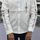 Men’s White Cotton Shirt with Black Embroidery Sleeve & Pocket Design – Premium Stylish Casual Shirt for Men