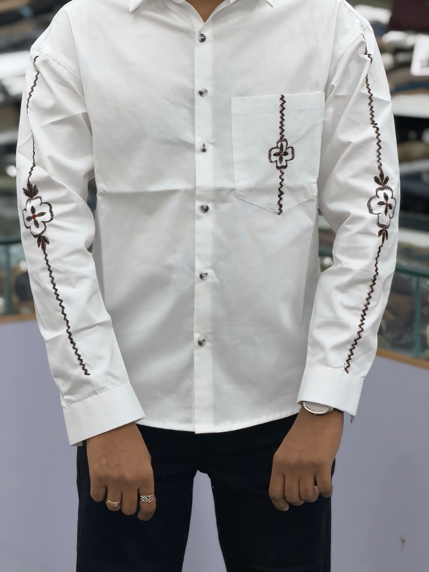 Men’s White Cotton Shirt with Black Embroidery Sleeve & Pocket Design – Premium Stylish Casual Shirt for Men