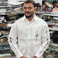 Men’s White Cotton Shirt with Black Embroidery Sleeve & Pocket Design – Premium Stylish Casual Shirt for Men