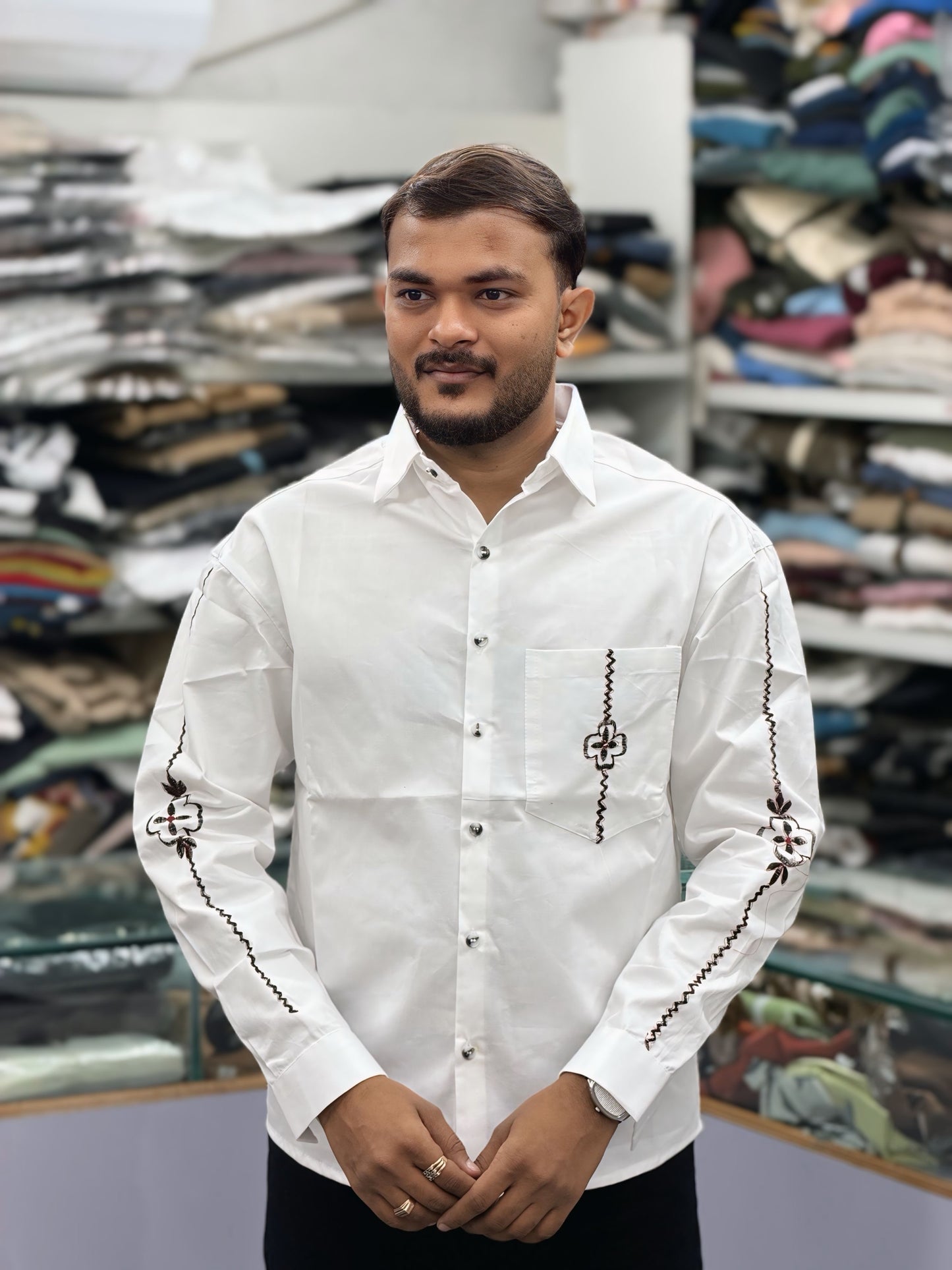 Men’s White Cotton Shirt with Black Embroidery Sleeve & Pocket Design – Premium Stylish Casual Shirt for Men