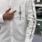 Men’s White Cotton Shirt with Black Embroidery Sleeve & Pocket Design – Premium Stylish Casual Shirt for Men
