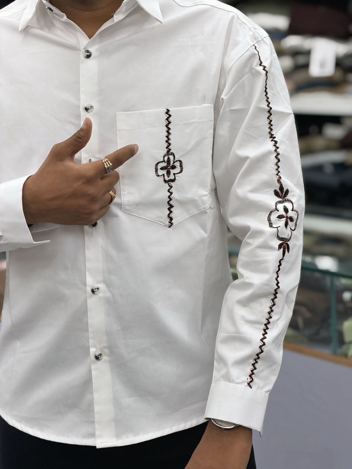 Men’s White Cotton Shirt with Black Embroidery Sleeve & Pocket Design – Premium Stylish Casual Shirt for Men