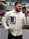 Men’s White Casual Cotton Shirt with Black Bandana Print Pocket – Stylish Designer Streetwear Shirt for Men