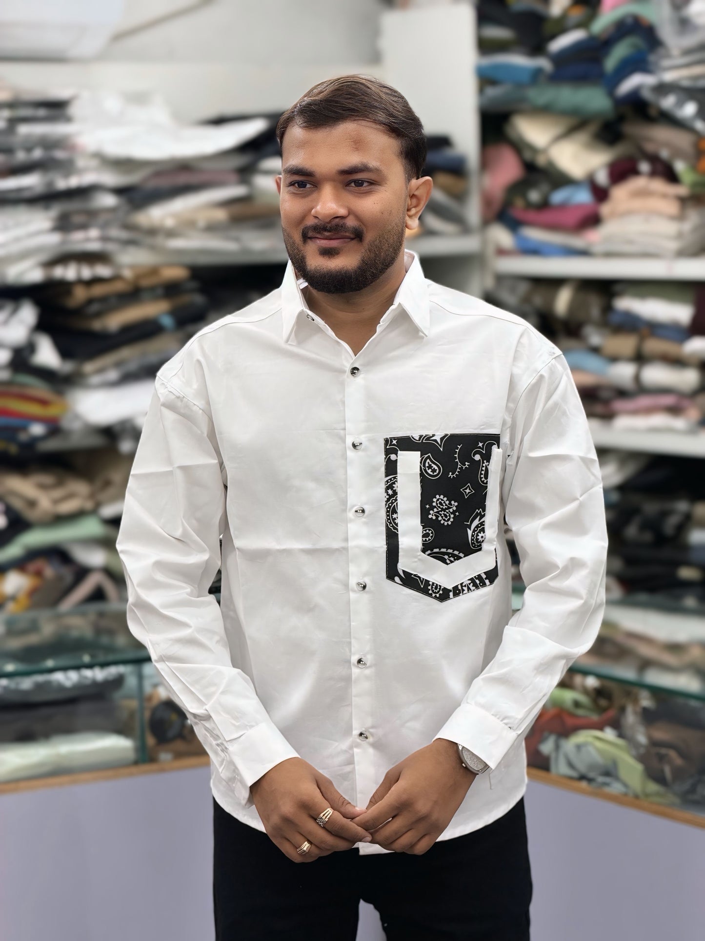 Men’s White Casual Cotton Shirt with Black Bandana Print Pocket – Stylish Designer Streetwear Shirt for Men