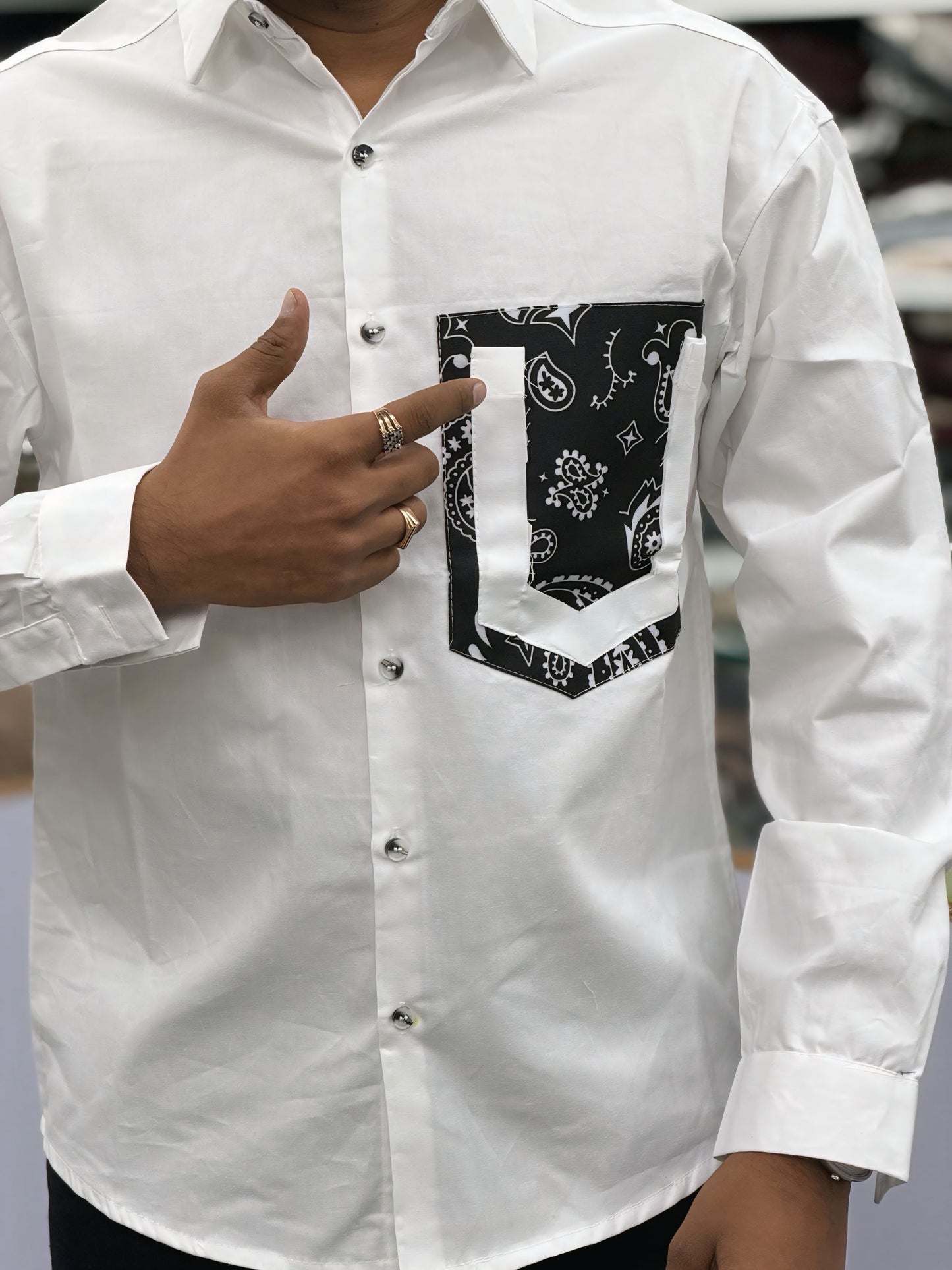 Men’s White Casual Cotton Shirt with Black Bandana Print Pocket – Stylish Designer Streetwear Shirt for Men