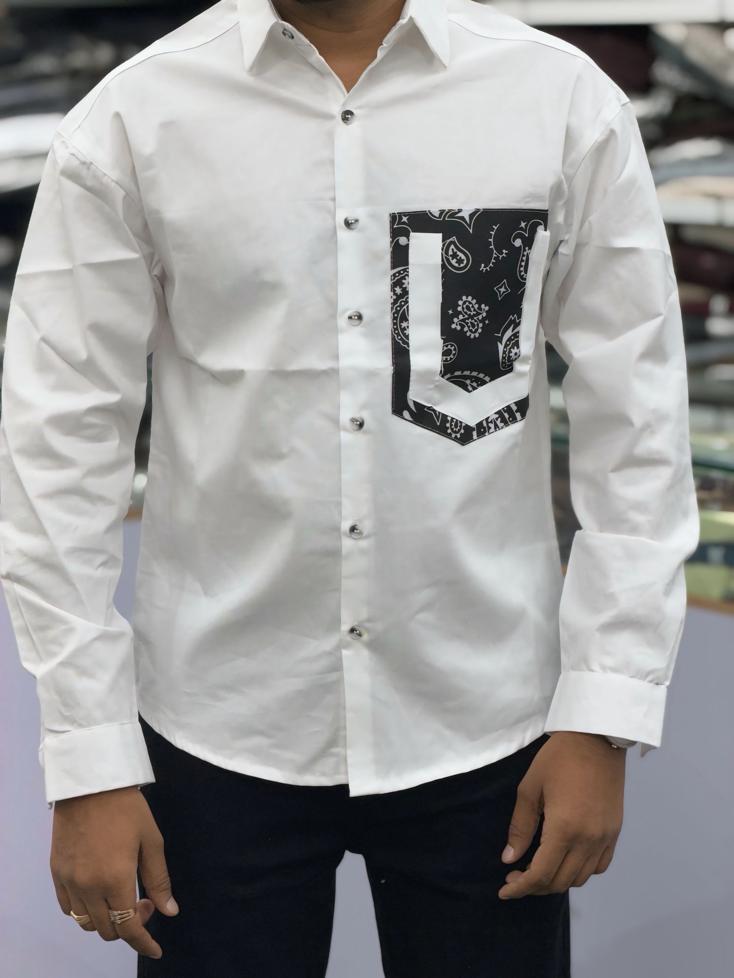 Men’s White Casual Cotton Shirt with Black Bandana Print Pocket – Stylish Designer Streetwear Shirt for Men