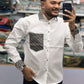 Men’s White Cotton Shirt with Designer Pattern Collar, Cuff & Pocket – Premium Stylish Casual Shirt for Men