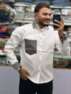 Men’s White Cotton Shirt with Designer Pattern Collar, Cuff & Pocket – Premium Stylish Casual Shirt for Men