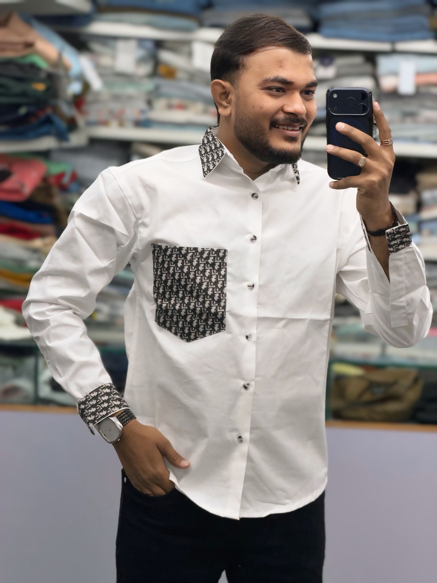 Men’s White Cotton Shirt with Designer Pattern Collar, Cuff & Pocket – Premium Stylish Casual Shirt for Men