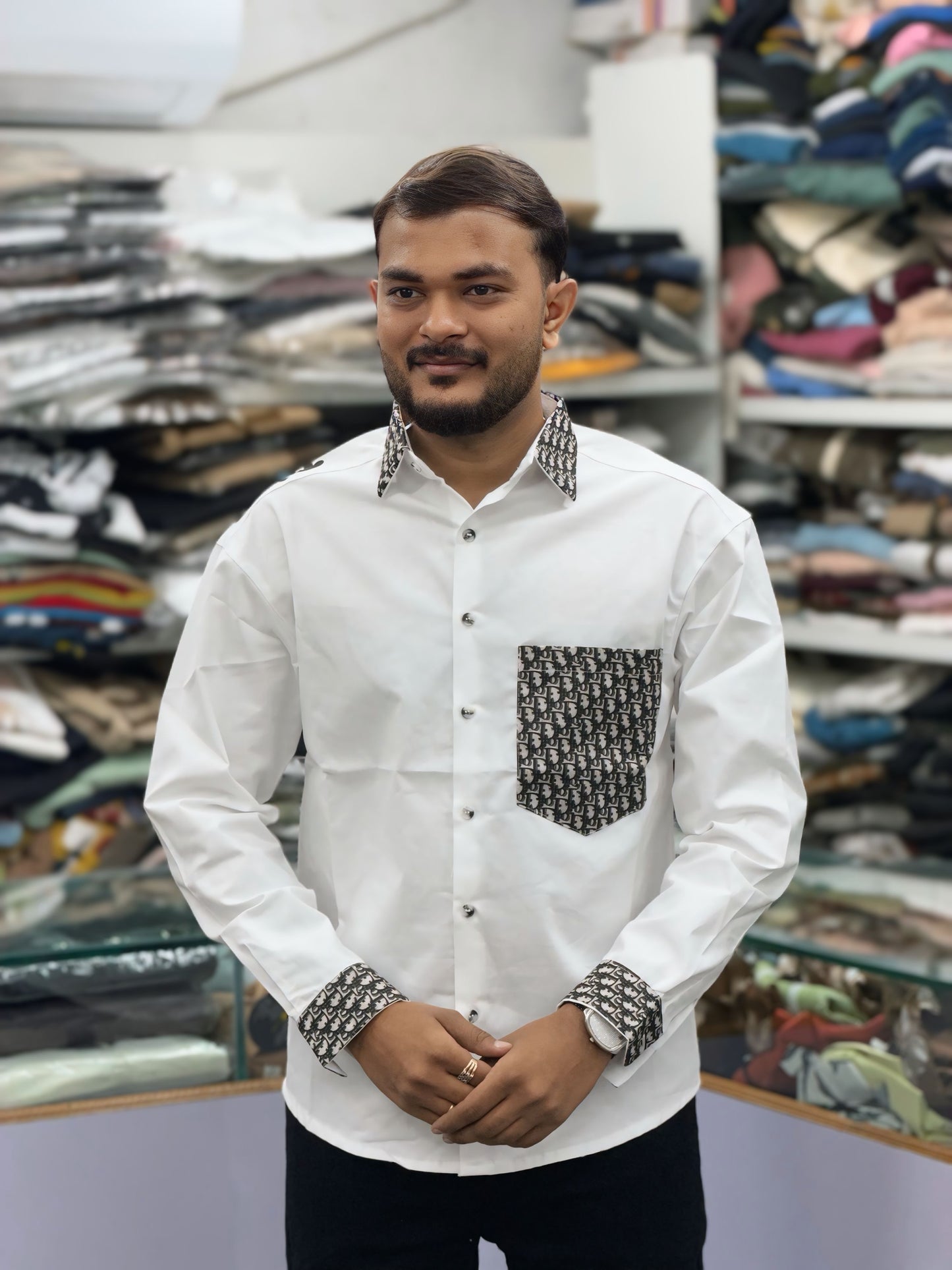 Men’s White Cotton Shirt with Designer Pattern Collar, Cuff & Pocket – Premium Stylish Casual Shirt for Men