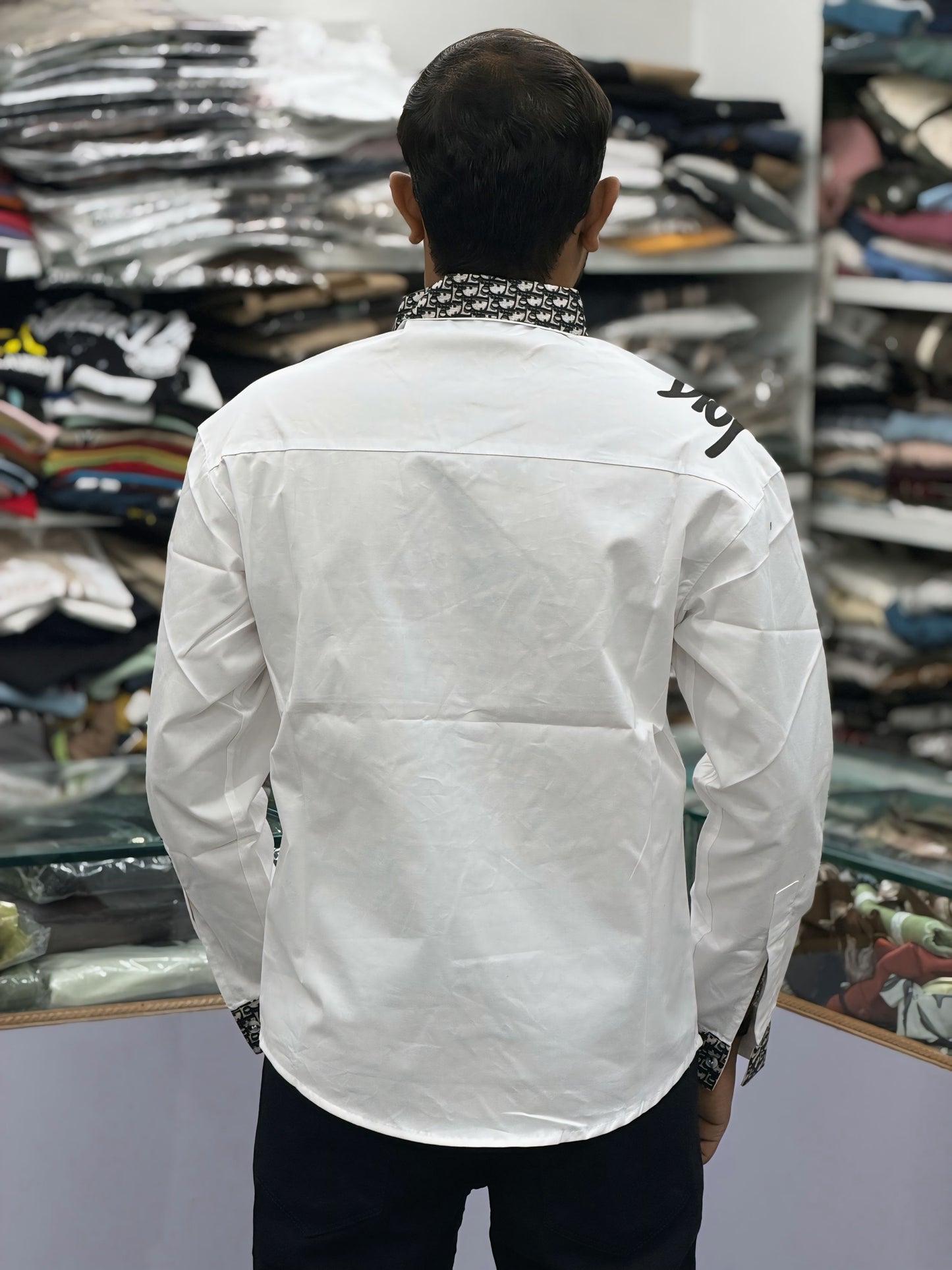 Men’s White Cotton Shirt with Designer Pattern Collar, Cuff & Pocket – Premium Stylish Casual Shirt for Men