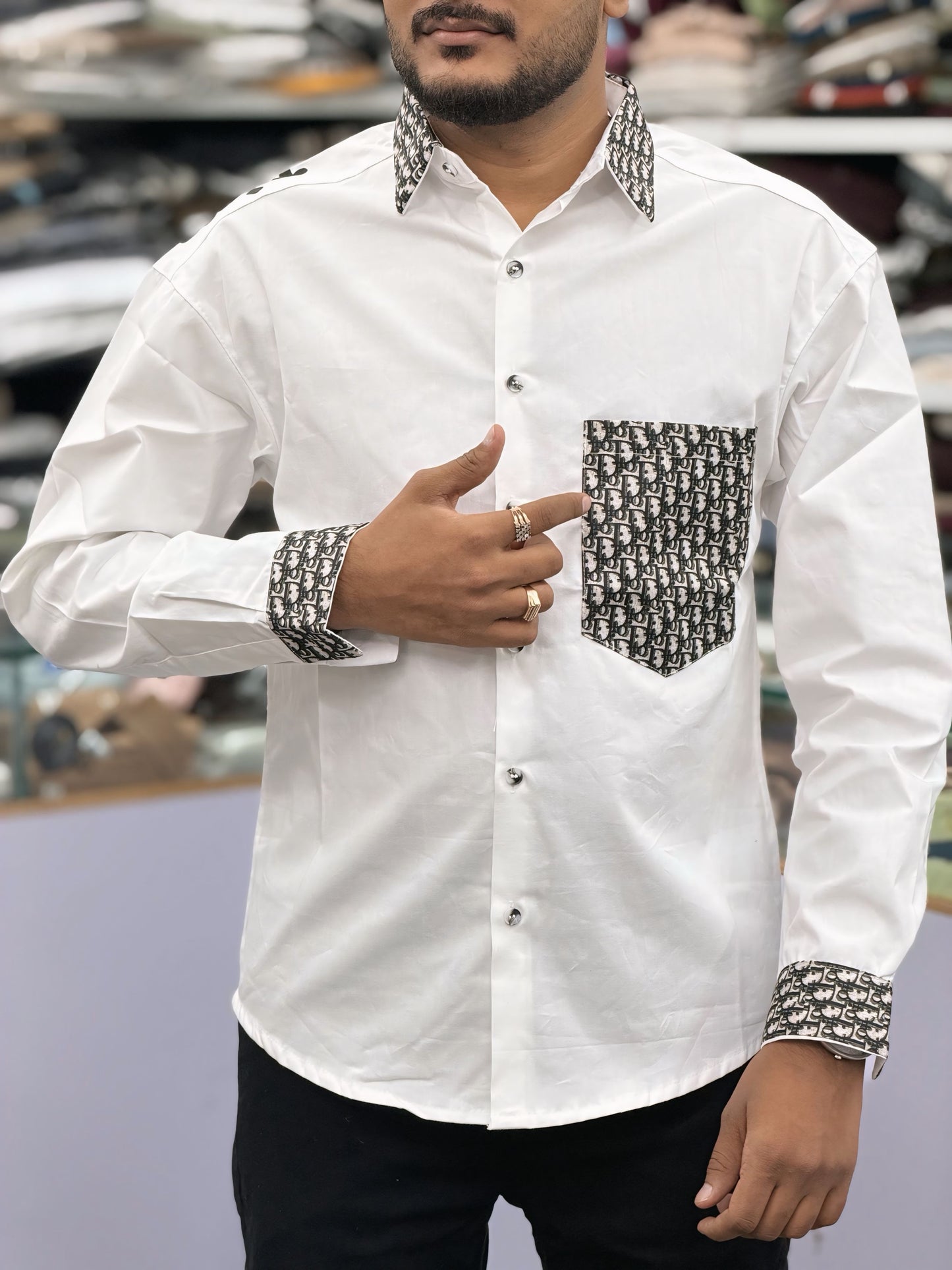 Men’s White Cotton Shirt with Designer Pattern Collar, Cuff & Pocket – Premium Stylish Casual Shirt for Men