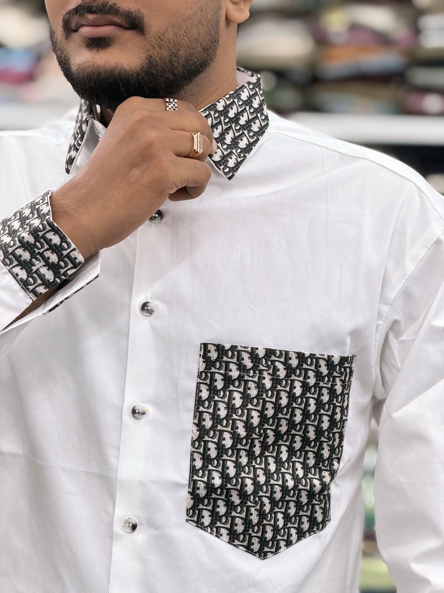 Men’s White Cotton Shirt with Designer Pattern Collar, Cuff & Pocket – Premium Stylish Casual Shirt for Men