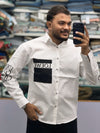 Men’s White Casual Cotton Shirt with Black Graphic Patch & Sleeve Print – Stylish Designer Streetwear Shirt