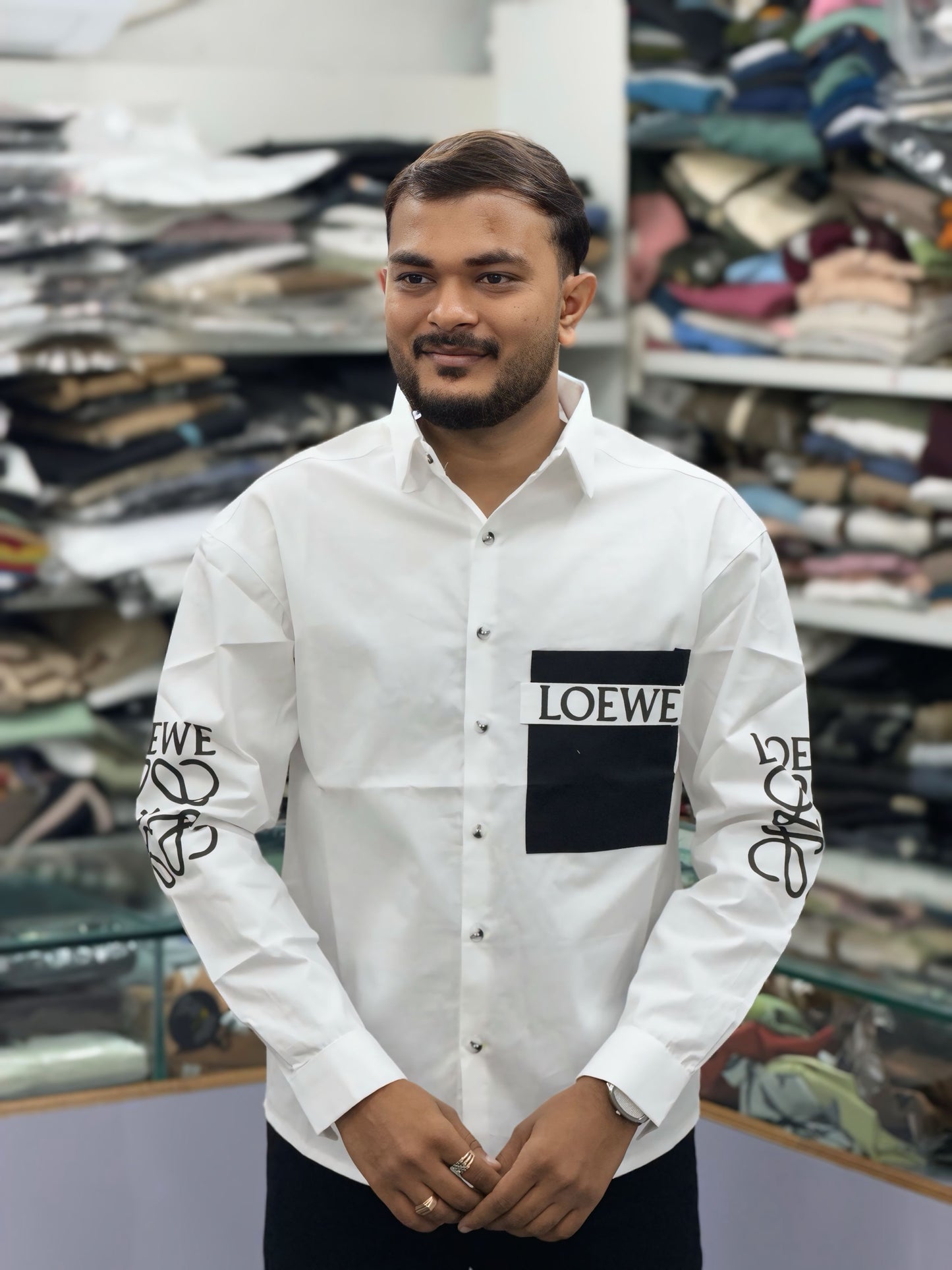 Men’s White Casual Cotton Shirt with Black Graphic Patch & Sleeve Print – Stylish Designer Streetwear Shirt