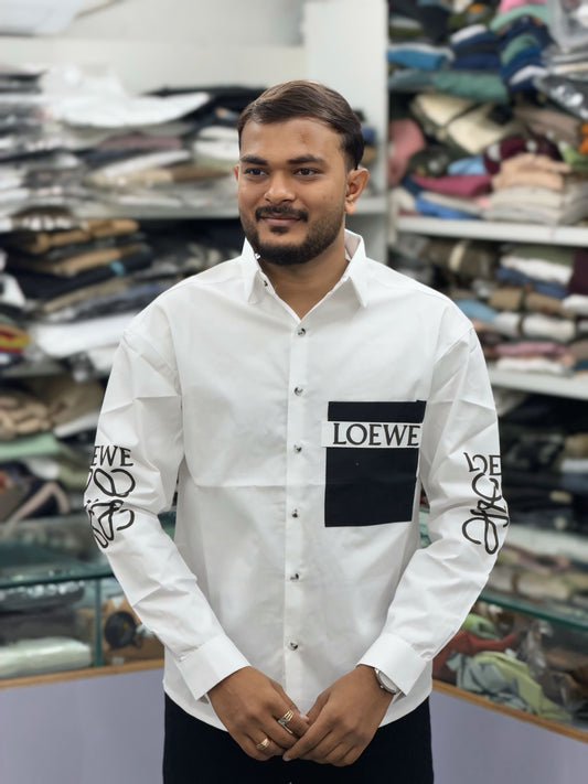 Men’s White Casual Cotton Shirt with Black Graphic Patch & Sleeve Print – Stylish Designer Streetwear Shirt