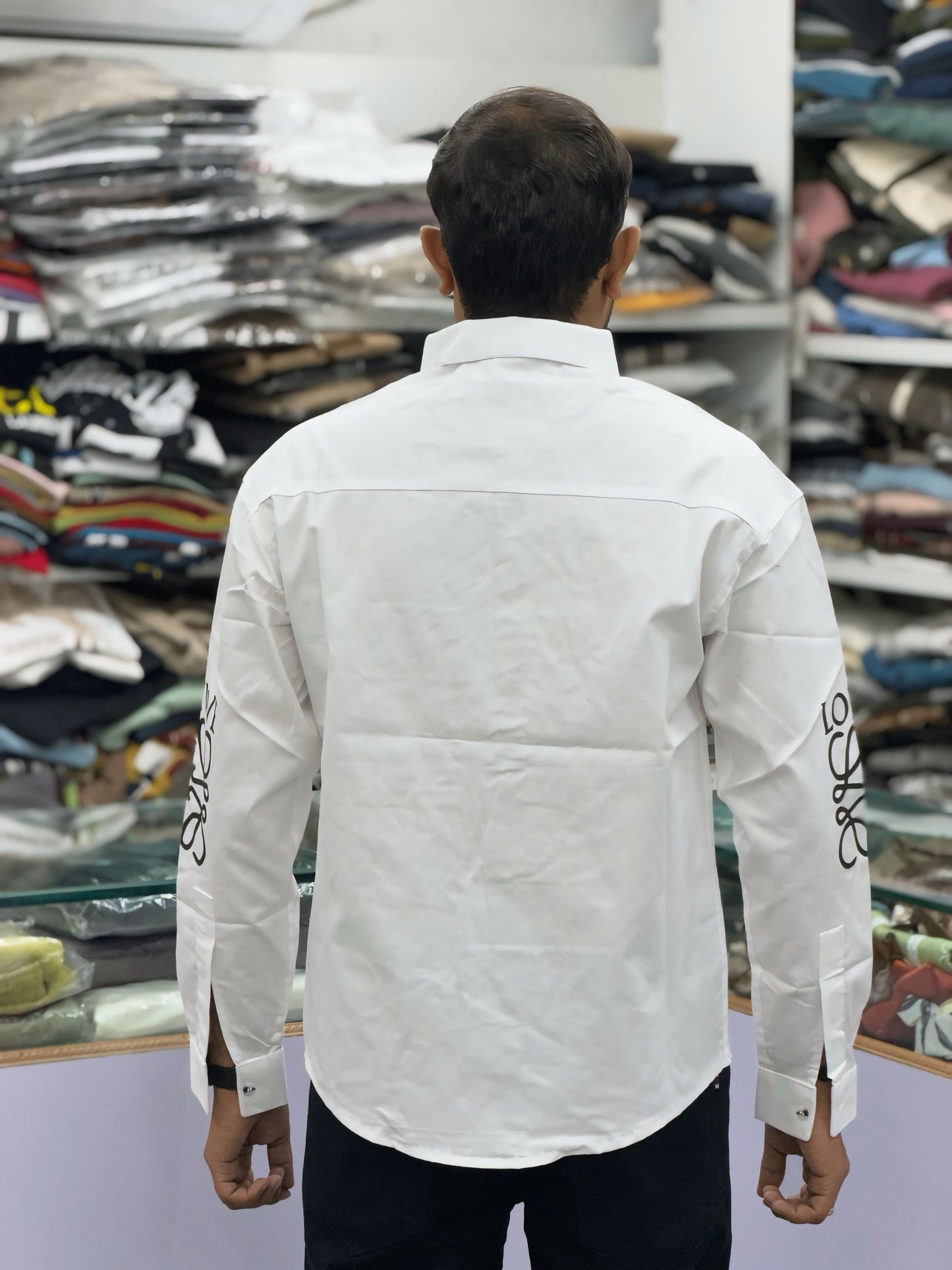 Men’s White Casual Cotton Shirt with Black Graphic Patch & Sleeve Print – Stylish Designer Streetwear Shirt