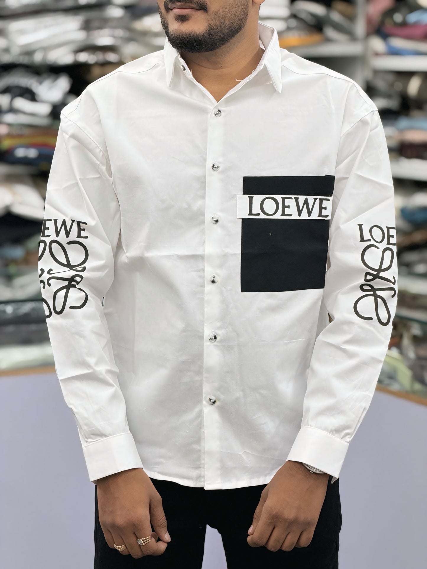 Men’s White Casual Cotton Shirt with Black Graphic Patch & Sleeve Print – Stylish Designer Streetwear Shirt